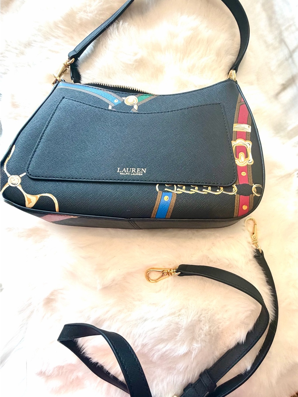 Lauren Ralph Lauren Black Shoulder Bag with Multicolor Equestrian Print - Picture 5 of 9